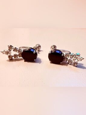 Vintage Mid Century Black Cabochon & Clear Rhinestone Screw Back Dangle Earrings